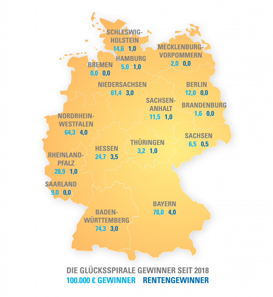 Die Glücksspirale Gewinnerlandkarte zeigt wie viele Gewinner aus welchen Bundesländern stammen.